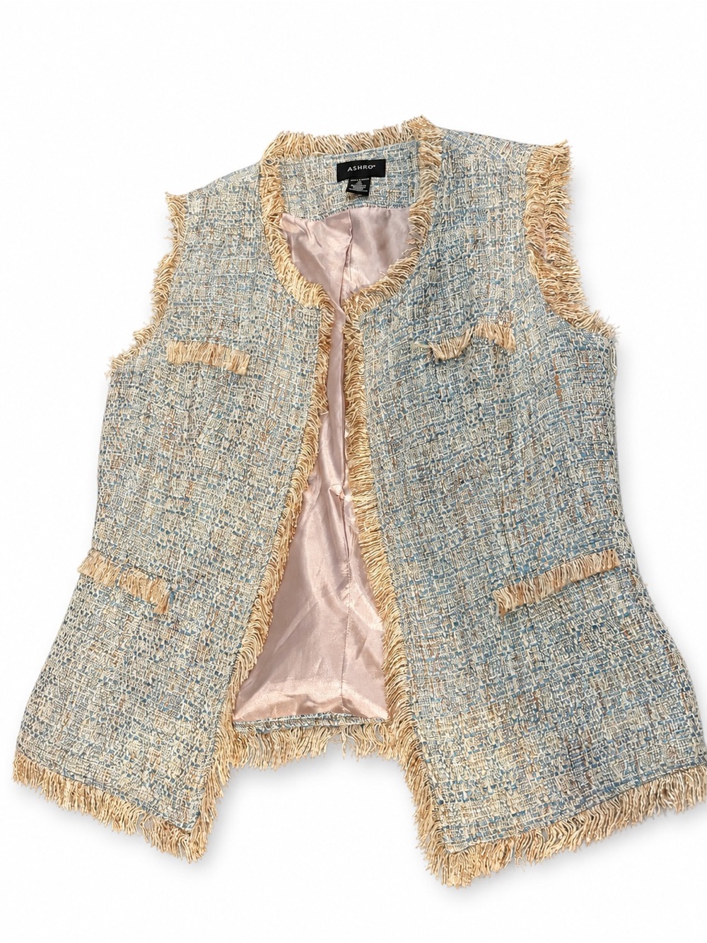 Ashro Light Blue Tweed Fringe Sleeveless Vest with Beige Trim